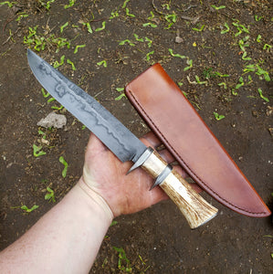 9" Bowie Knife with Damascus Guard, Sub-hilt, and butcap.