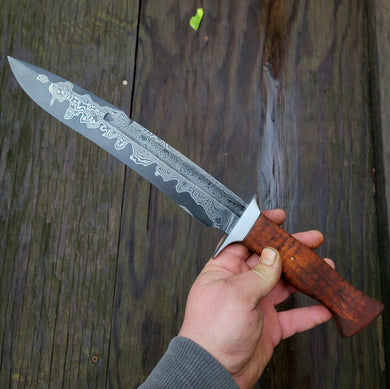 Damascus San Mai Bowie Knife with Curly Maple Handle