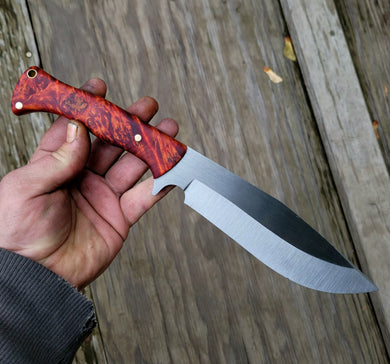 Big Belly Camp Knife in 52100 with Dyed and Stabilized Maple Burl Scales
