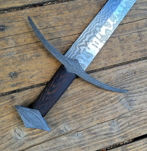 Damascus Arming Sword with Diamond Cross Section, Antique Wrought Iron Guard and Pommel, and Wenge Wood Handle