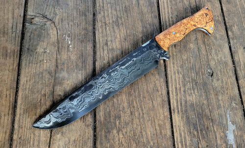 Handmade Chainsaw Cannister Damascus San Mai Chopper Knife - 80CRV2 Core - Maple Burl Handle Scales