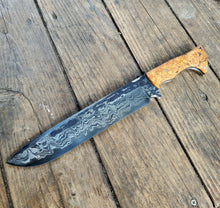 Handmade Chainsaw Cannister Damascus San Mai Chopper Knife - 80CRV2 Core - Maple Burl Handle Scales