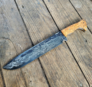 Handmade Chainsaw Cannister Damascus San Mai Chopper Knife - 80CRV2 Core - Maple Burl Handle Scales