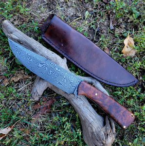 AVAILABLE - Handmade Damascus Knife with Ironwood Burl Handle and Leather Sheath