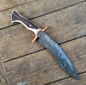 Handmade Cannister Damascus San Mai Bowie Knife - 52100 Core - Antler and Ironwood Frame Handle
