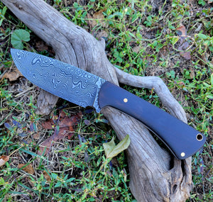 AVAILABLE - Handmade Damascus Hunting/Bushcraft Knife with African Black wood Handle and Leather Sheath