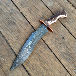 Handmade Cannister Damascus San Mai Bowie Knife - 52100 Core - Antler and Ironwood Frame Handle