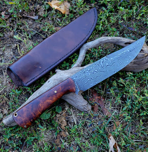 AVAILABLE - Handmade Damascus Knife with Ironwood Burl Handle and Leather Sheath