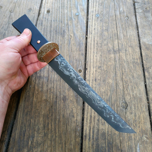 Handmade Cannister Damascus San Mai Tanto Knife - 1095 Core - Mokume Gane Tsuba