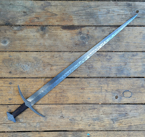 Damascus Arming Sword with Diamond Cross Section, Antique Wrought Iron Guard and Pommel, and Wenge Wood Handle