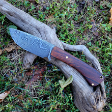 AVAILABLE - Handmade Damascus Hunting/Bushcraft Knife with Cocobolo Handle and Leather Sheath