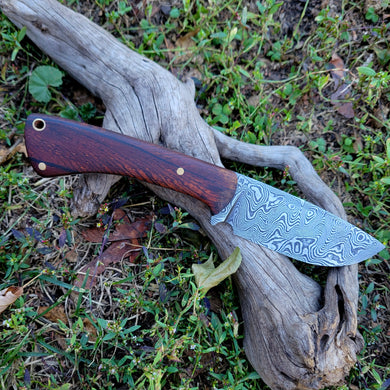 AVAILABLE - Handmade Damascus Hunting/Bushcraft Knife with Cocobolo Handle and Leather Sheath