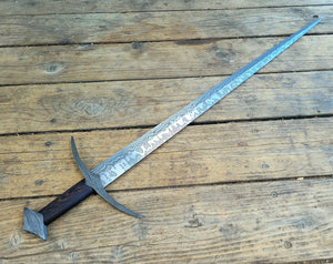 Damascus Arming Sword with Diamond Cross Section, Antique Wrought Iron Guard and Pommel, and Wenge Wood Handle